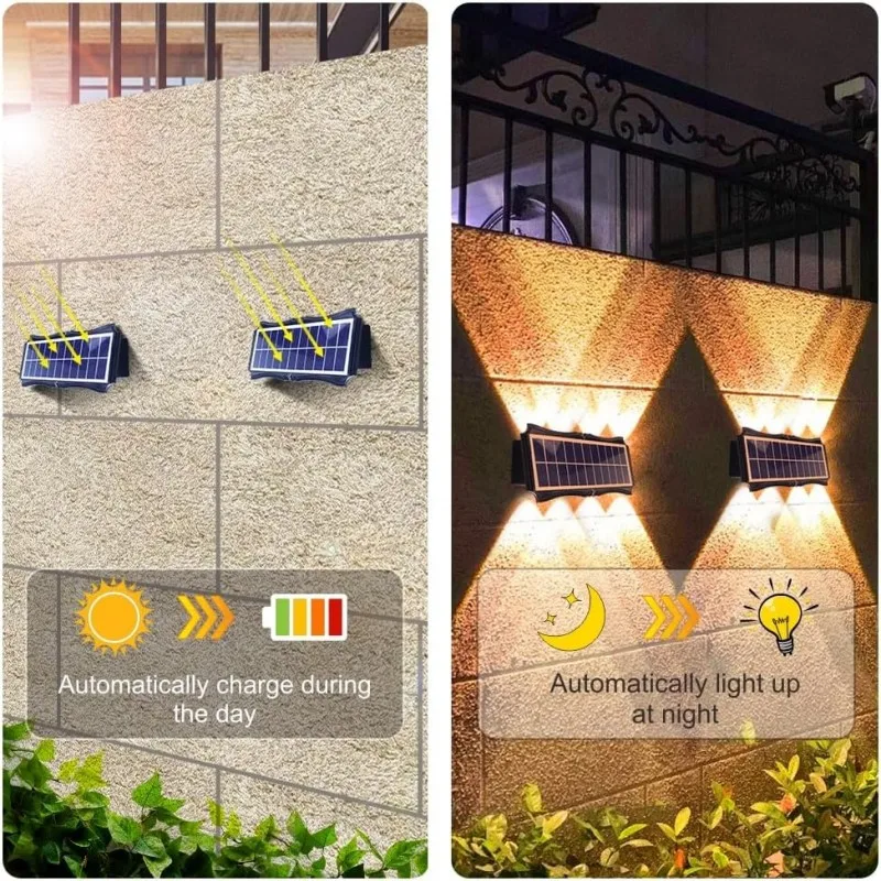 4/6/8LED Solar Wall Lamp Up and Down Luminous Lighting Outdoor Waterproof Decorative Light for Garden Balcony Yard Exterior Wall