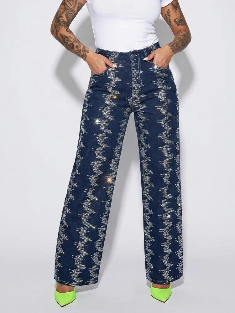 2026 Trend Y2K Style Dark Blue Hot Fix Rhinestone Baggy Women's Jeans Pants For Woman Clothing Straight Gothic Denim Trousers