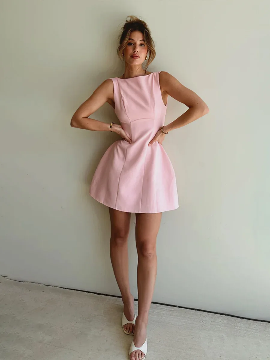 Bornladies 夏新作ノースリーブブレザードレスレディースシックで洗練されたオープンバックフィットキャミインナーショーツミニドレス