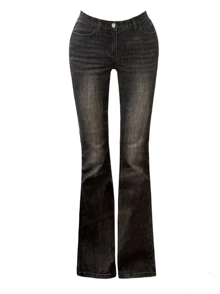 

East Gate Black Grey Denim Jeans Elastic Slimming Washed out White Micro Flared Floor-Length Pants Women High Waist Cotton St...