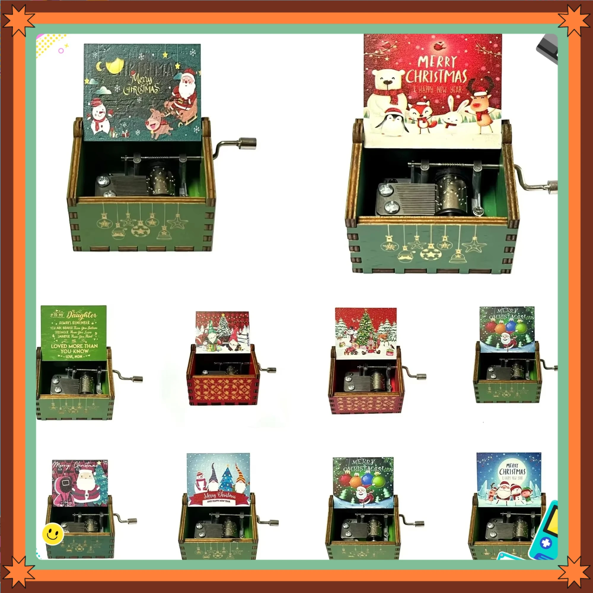 2026 HOT Christmas in stock 2026 music box wooden hand crank music box Christmas wooden painted  holiday gift