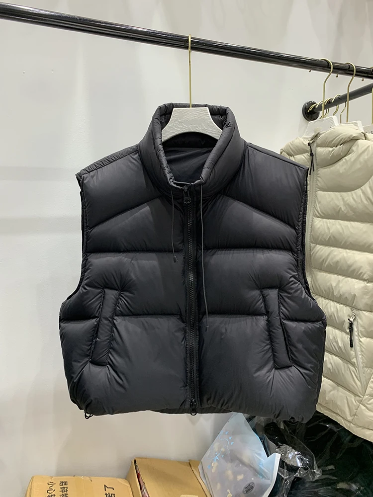 Autumn Winter Stand Collar Drawstring Down Vest Female Double Zipper Warm Waistcoats Women White Duck Down Sleeveless Puff Vests