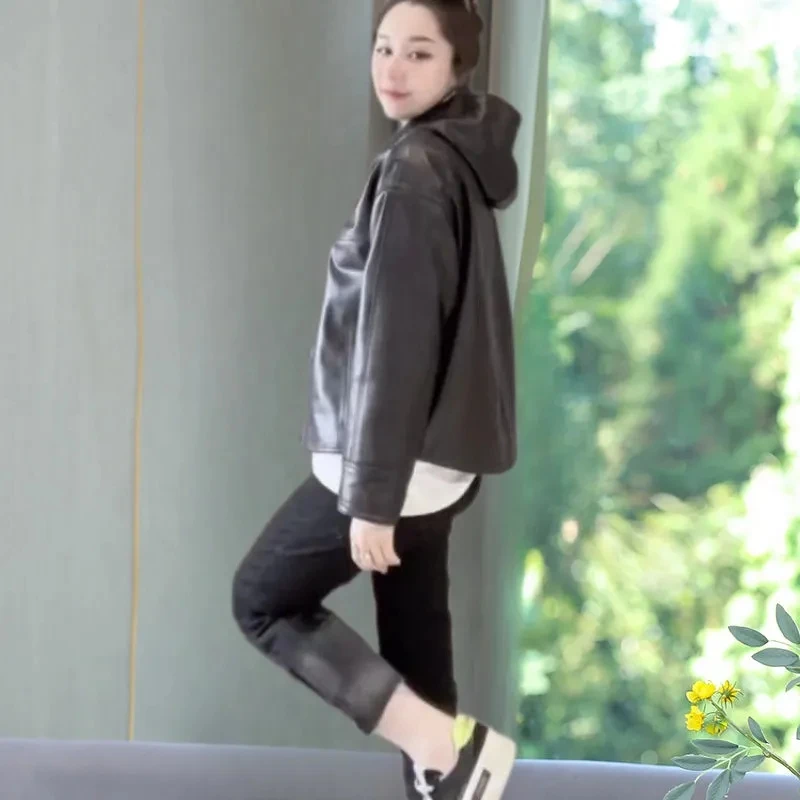 세련된 캐주얼 후드 블랙 가죽 자켓 아웃웨어 여성 봄 가을 새로운 올 매치 루즈 쉘 에디션 코너 버클 코트 탑