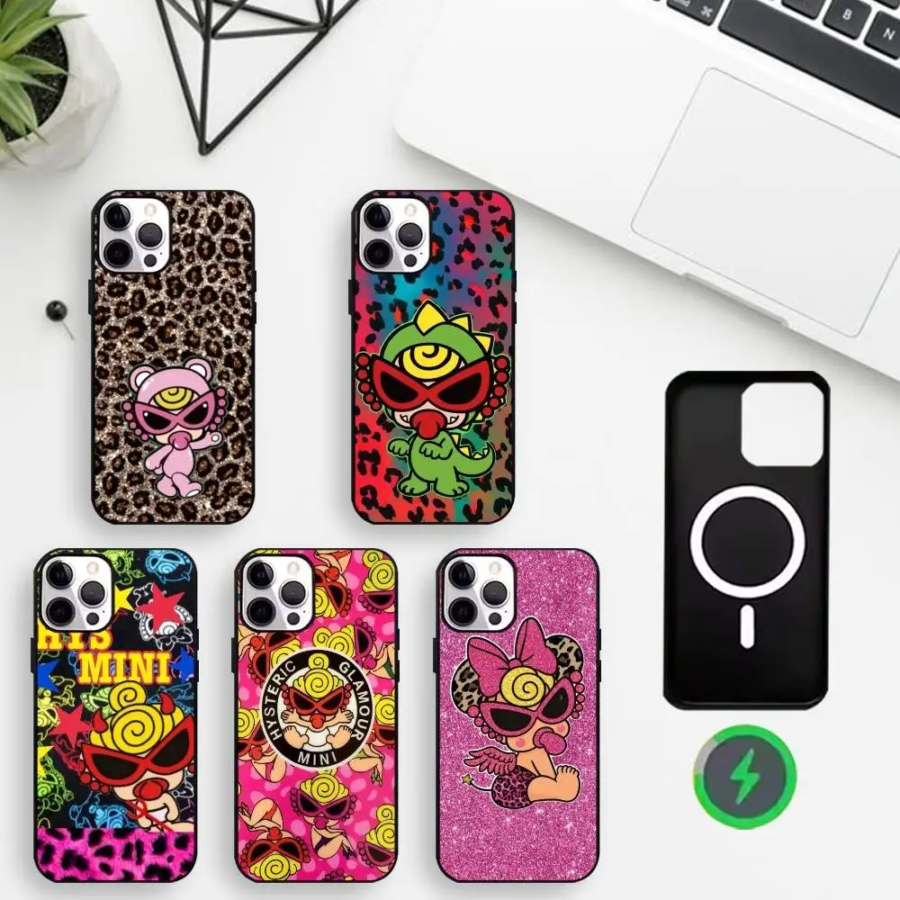 

1pc Japan Fashion Hysteric Mini Phone Case For iPhone17,16,15,14,13,12,11 Max Black Wireless Charging Protecitve Cover
