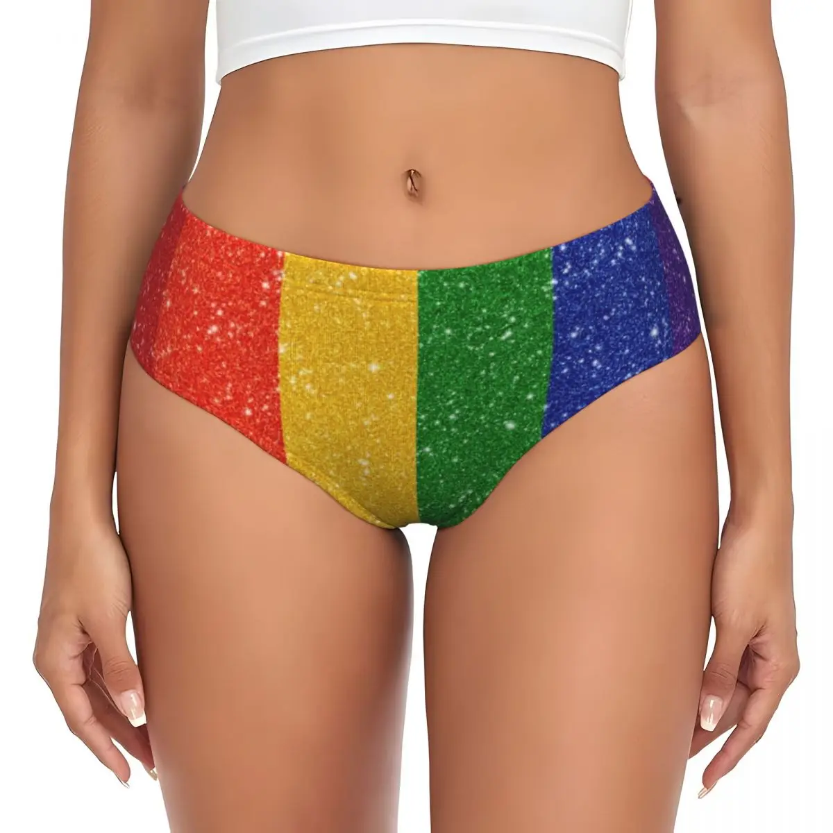 Custom Faux Glitter Rainbow Pride Flag Brief Panties Women's Breathable Stretch LGBT Gay Lesbian Underwear