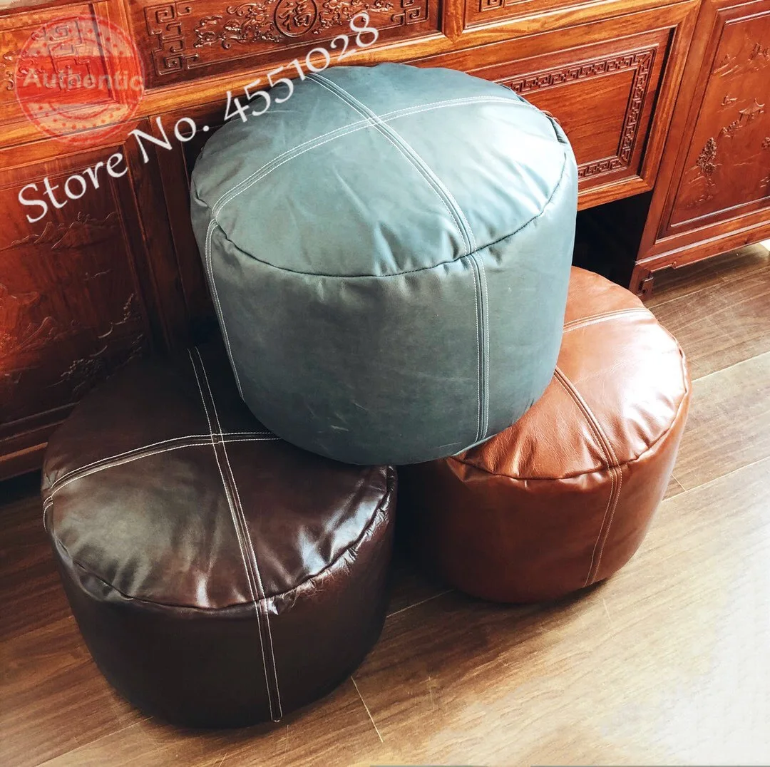 American Round Wax Leather Leather Cushion No Filler for Shoe Changing Stool Nordic Ottomans Pouf Vanity Stool Only Cover