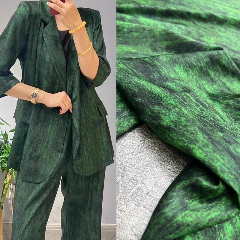 Fashion Tie Dyed Green Silk Fabric Luxury High-end Shirt Dress Set Half Skirt Breathable Stretch Twill Designer Brand Fabric Div