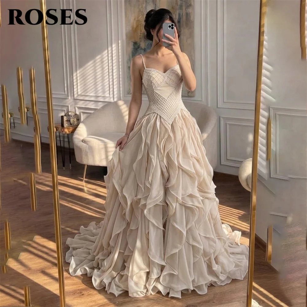 ROSES Beige Prom Dress Spaghetti Strap Sleeveless Celebrity Dress Beading On Chest Women's Evening Dress Formal Gown Customized