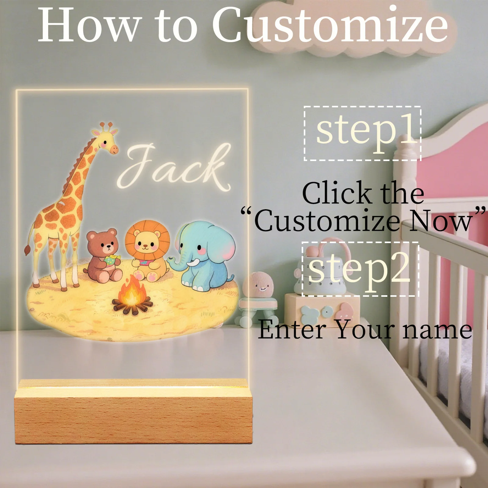 Personalized Animal Night Light Custom Name Acrylic LED Lamp