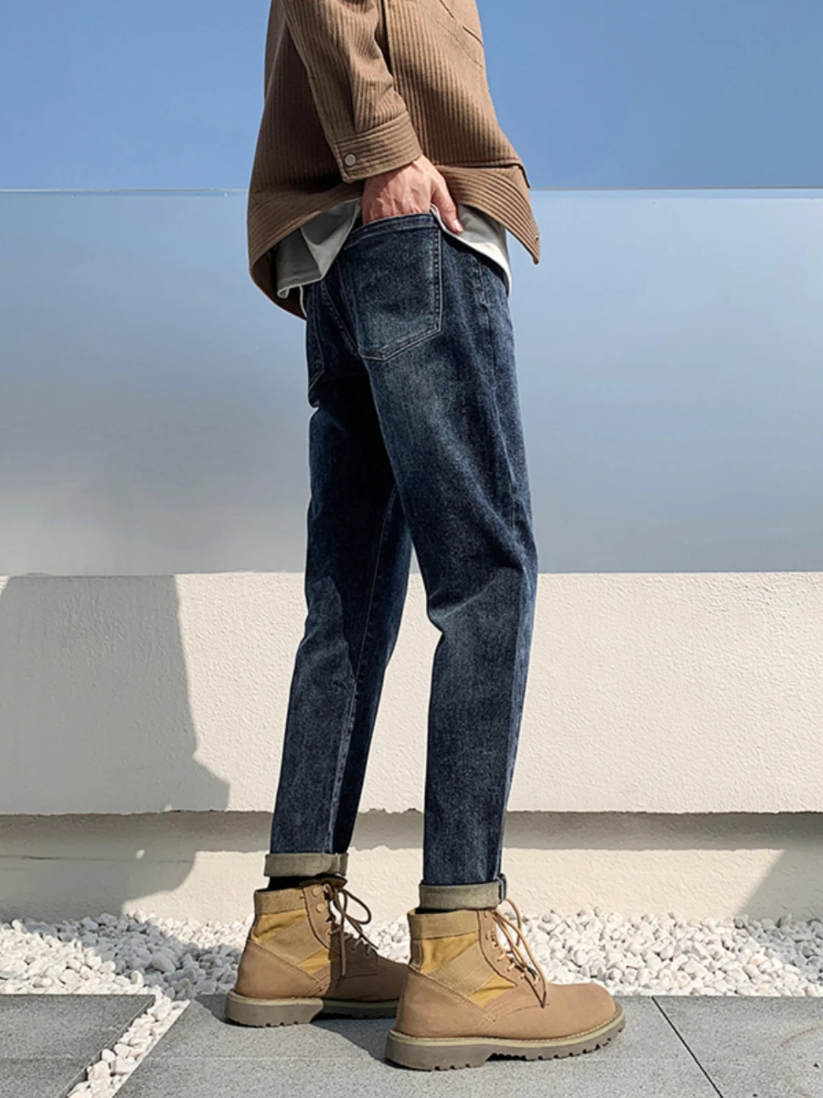 

American Sle Soft Jeans Men's Slim Fit Pencil Pants Boots Matchings Trendy Brand Warmth Youthful Winter Cotton Polye...