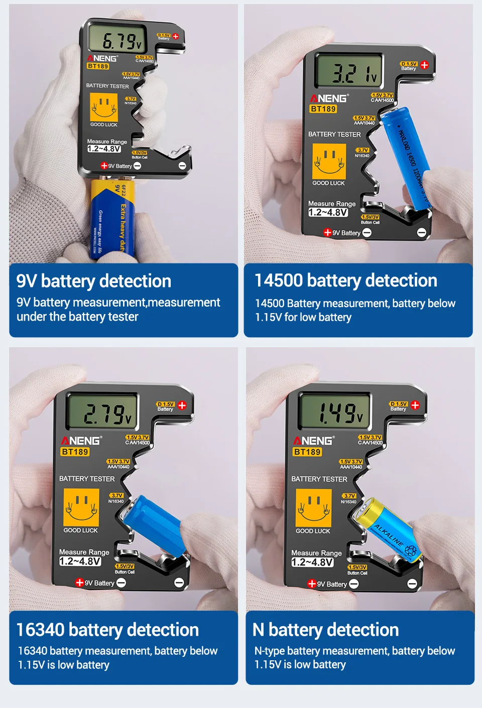 ANENG BT189 Batterietester kann AA/AAA/C/D/9V/Knopfbatterien messen, Haushalts-LCD-Display, hochpräziser Leistungstester. – Detail 9