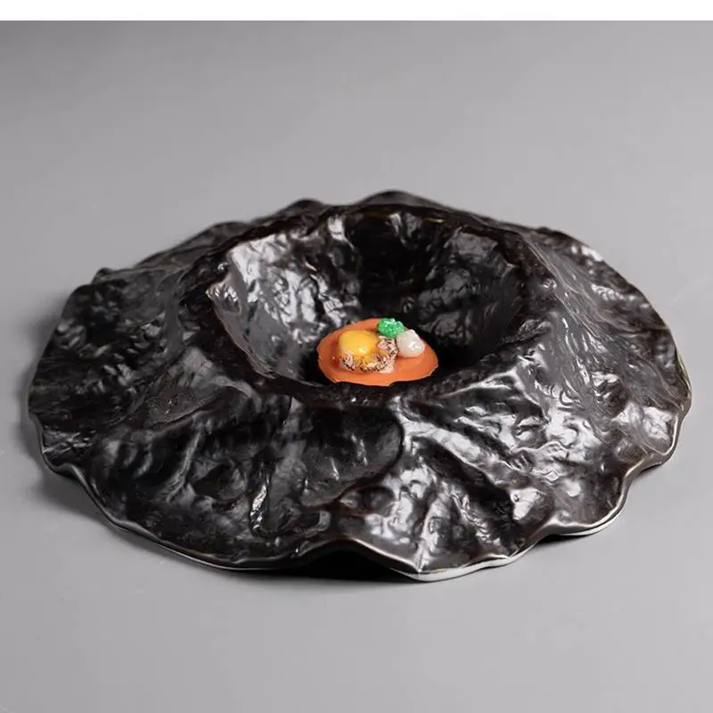 

Restaurant Irregular Plate Ceramic Tableware Western Volcano Shape Black French Molecular Cuisine