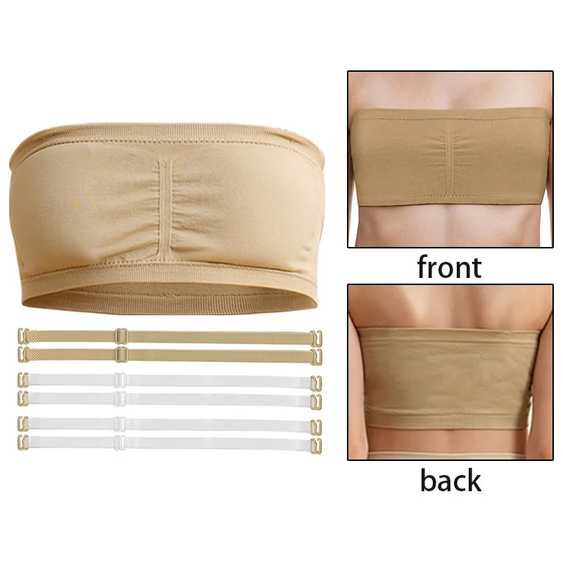 Girl Seamless Bandeau Bras for girl Gymnastics Dance Strapless Crop Top with 2 Pairs of Clear Straps and Chest Padding