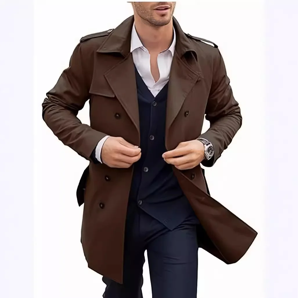 Spring Spring Double Breasted Men Trench Coat Mid-Length Business Casual Jacket England Style Chic Outerwear Mens Clothing 2026