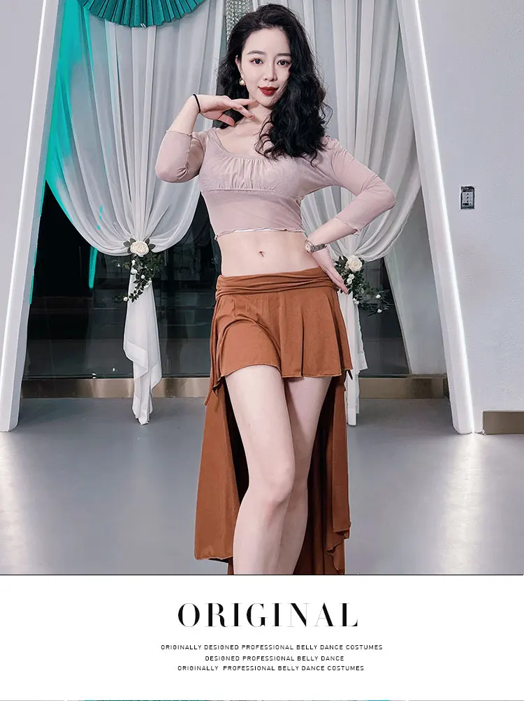 2024belly dance sexy long sleeved top+wrinkled short 2-piece set of palace skirt performance suit beginner training suit set