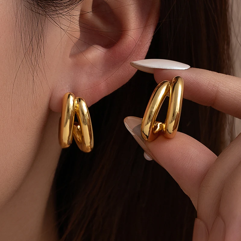 ENSHIR Polished Double Layer C‑Shaped Hoop Stud Earrings for Women Elegant Niche Design Geometric Jewelry Gifts Wholesale