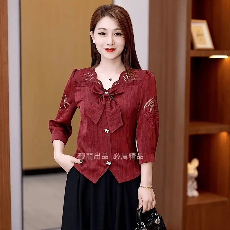 

Embroidered Spring Summer New Style Seven-Sleeve Bowknot Hollowed Out Chinese Style Shirt Elegant Base Shirt