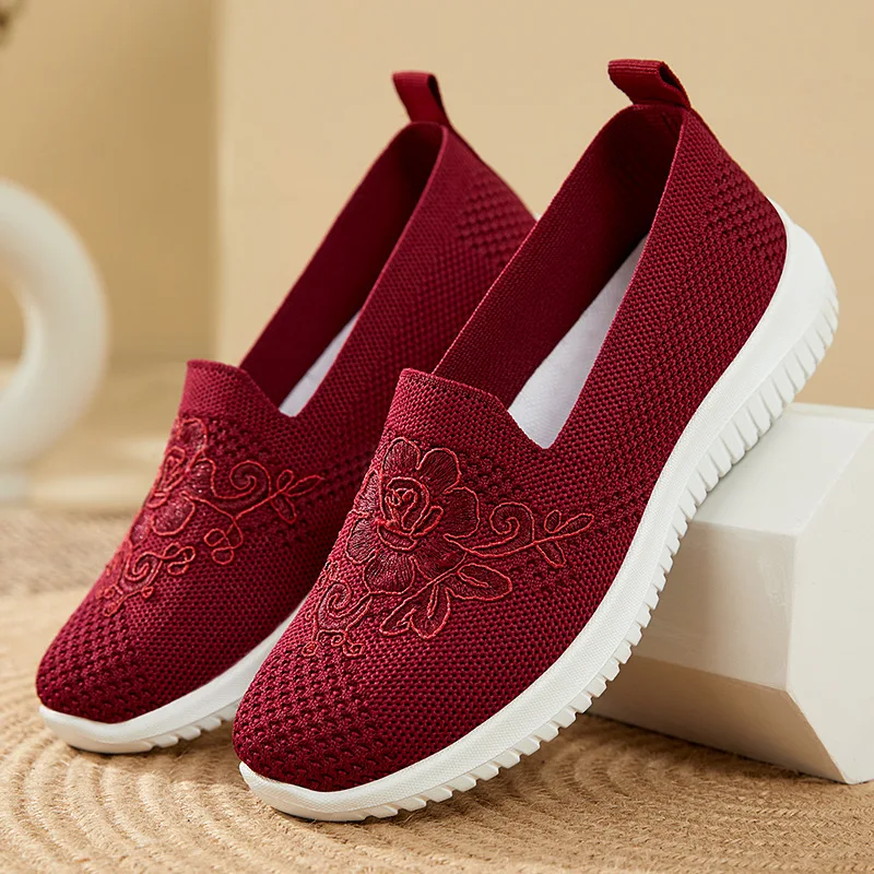 Flower Embroidery Knit Mesh Slip On Shoes Women Breathable Non Slip Soft Sole Daily Comfort Walking Casual Sneakers view 2