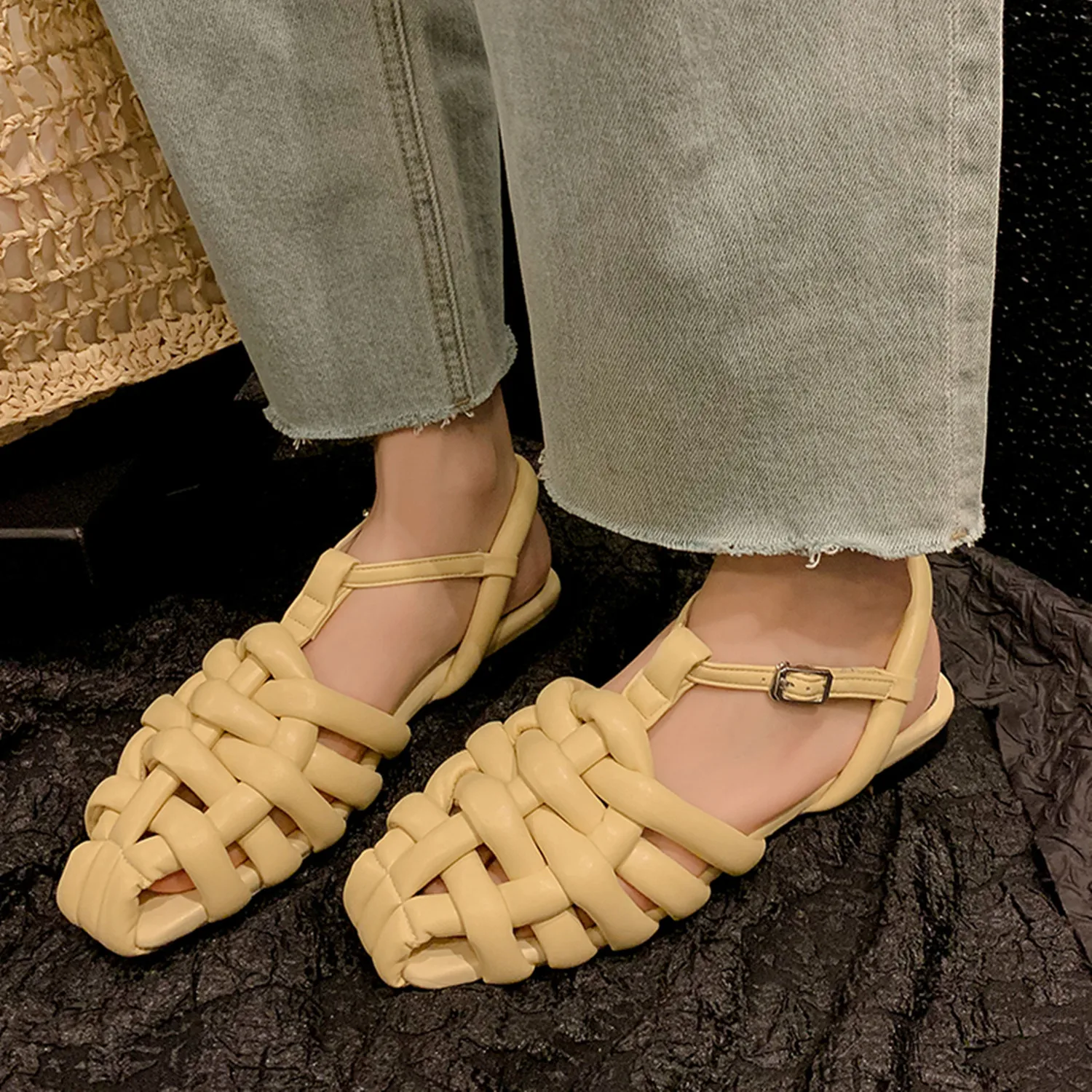 

【ENMAYER】2023 New Baotou Sheepskin T-Strap Leather Slingbacks Women's Sandals Classics Ladies Summer Buckle Shoes Flats Sandals