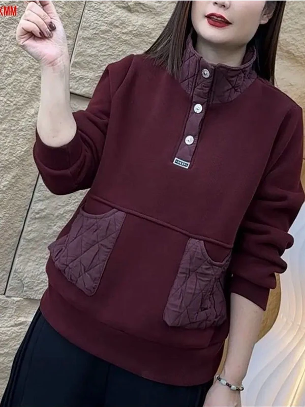 

Women's Hoodie Double-Sided Fleece Thickened Stand Collar Casual Loose Fit Diamond Pocket Patchwork Autumn Winter New Style