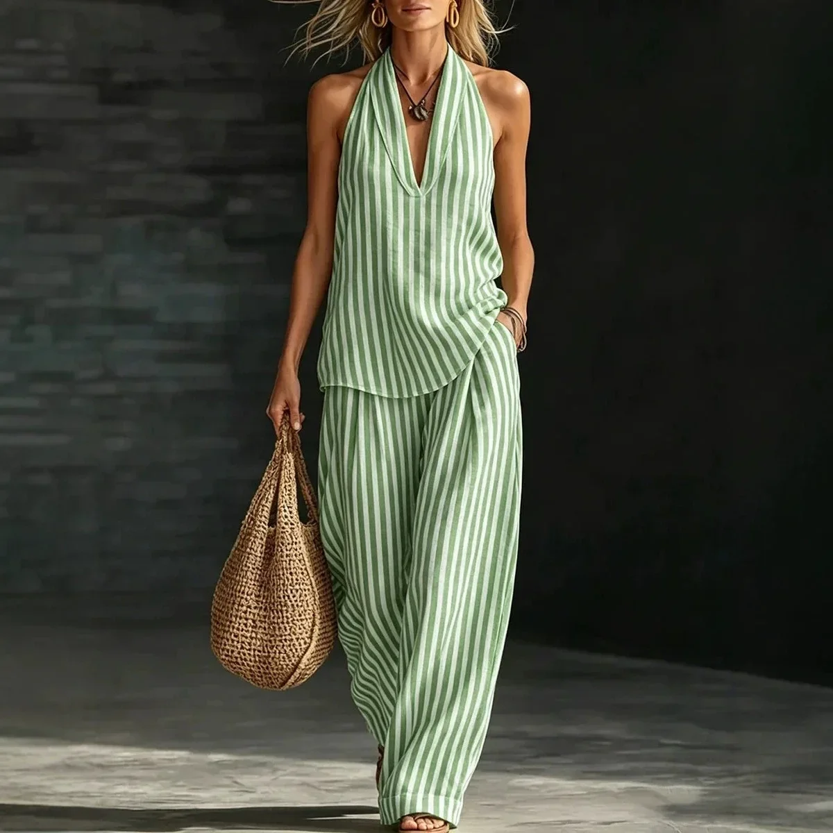 Women Striped Blouse Pant Sets Two 2 pieces Sale Summer Lady Deep V neck Vests&Wide Leg Striped Trousers Suits NMD-20260629001