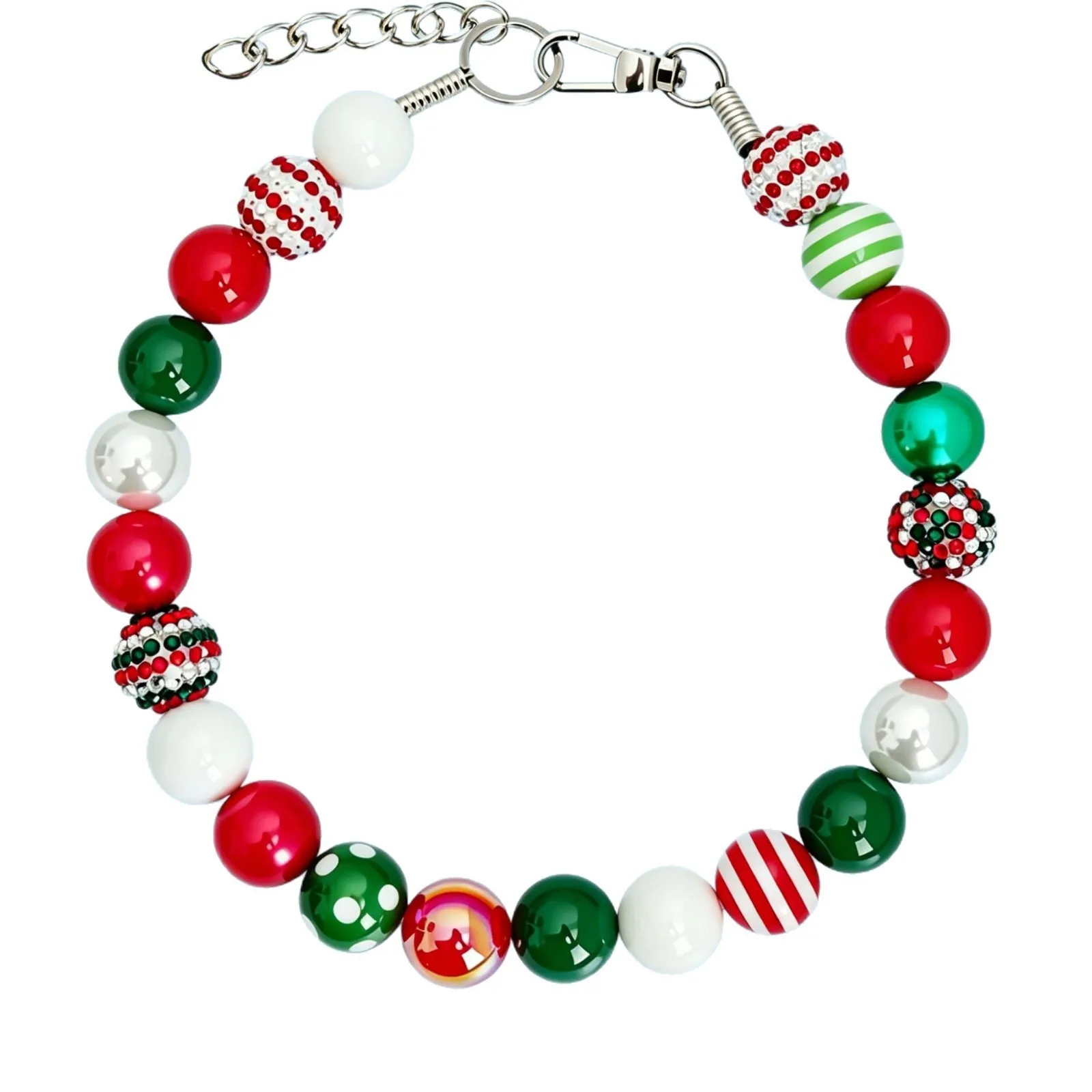 Christmas Pet Necklace Colorful Beaded Collar Red Green White Acrylic Beads Alloy Chain Holiday Jewelry for Dogs Cats Small Pets