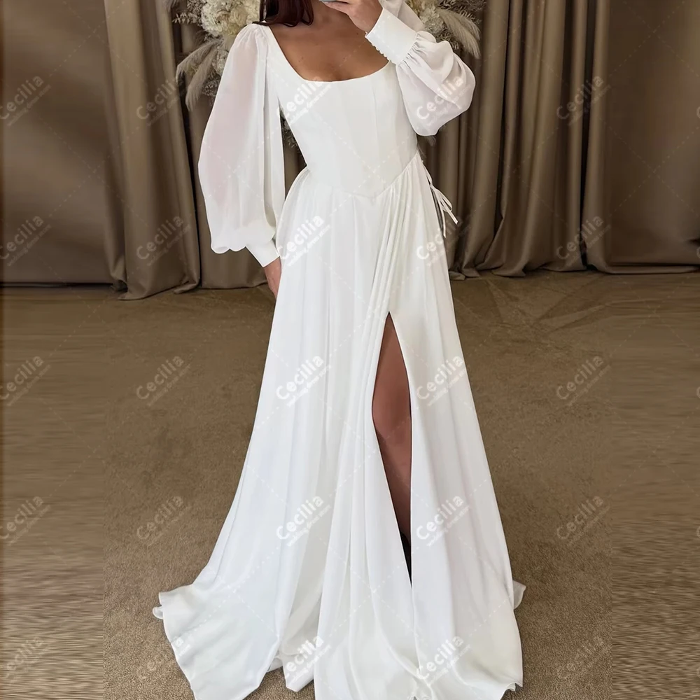 Robes De mariée simples Robes De mariée gracieuses manches longues bouffantes Robes col carré Sexy haute fente personnalisé robes De Novia