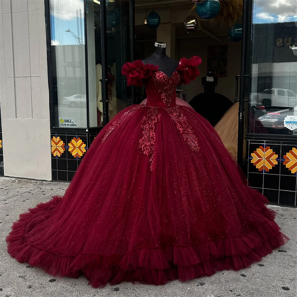 fitted lace wedding dress Off Shoulder Corset Ball Gown by Lizluo Quince 26105 22 / Wine/Wine