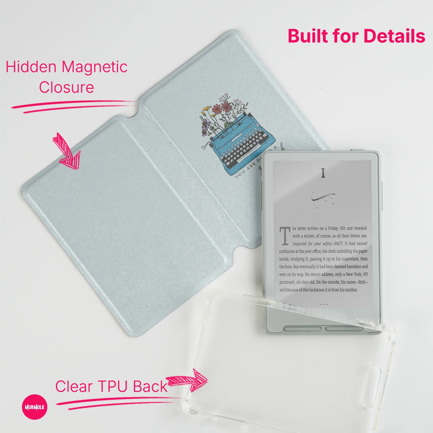 Murmole Illustrated Flower Magnetic Detachable Case suit for XTEINK X3 X4 TPU Clear Back Protective Skin Folio Shell Cover Guard