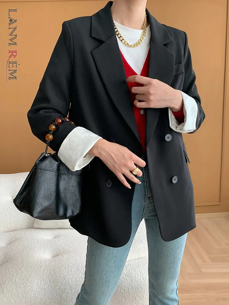 

[LANMREM] Elegant Contrast Color Blazers For Women Notched Long Sleeve Double Breasted Jackets Fashion 2024 Autumn New 26D9957