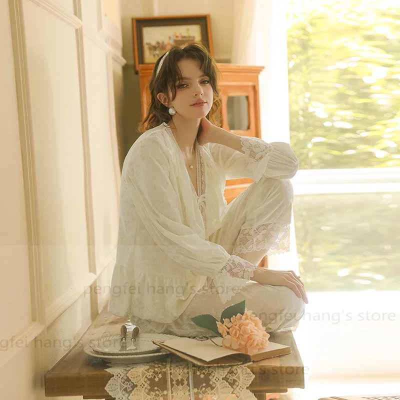 Sweet Lace Ruffles Pajamas Suit Velour Sleepwear Women Warm Home Clothes Princess Style Loungewear Top Pants 2Pcs Pyjamas Femme