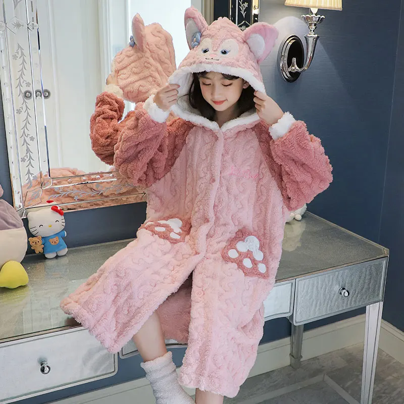 Hello Kitty Miniso Coral fleece nachtjapon kinderen herfst winter dikke pyjama met capuchon babybadjas moeder en dochter flanel