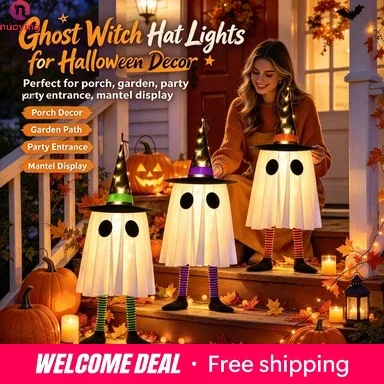 Decorazione per il giardino a tema Halloween: fantasma luminoso da posizionare, fantasma bianco che si illumina con cappello da strega e calzini a righe, ornamento per Halloween da utilizzare sia