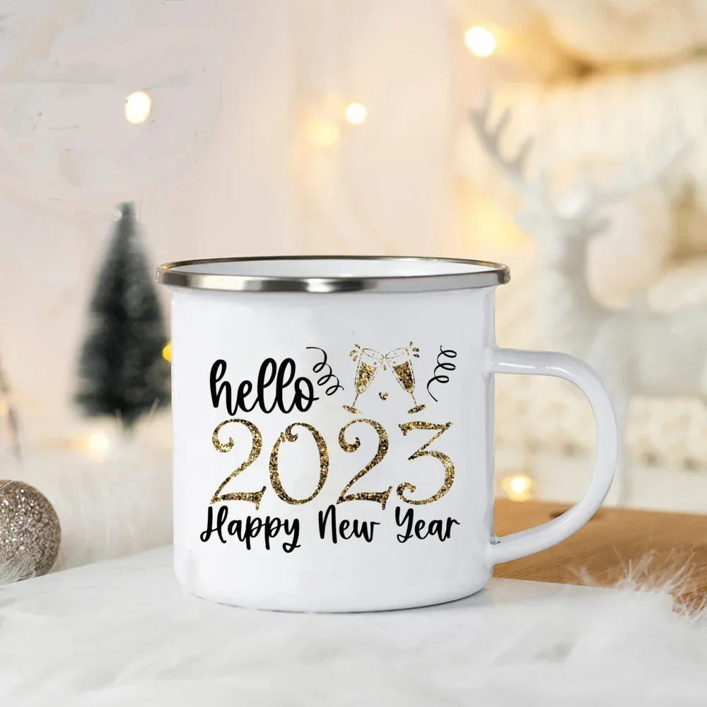 Fall New Year's Party Wine Mug Happy New Year Printing Enamel Mugs Coffee Cups Dessert Cocoa Handle Cup Gifts for Family Friends