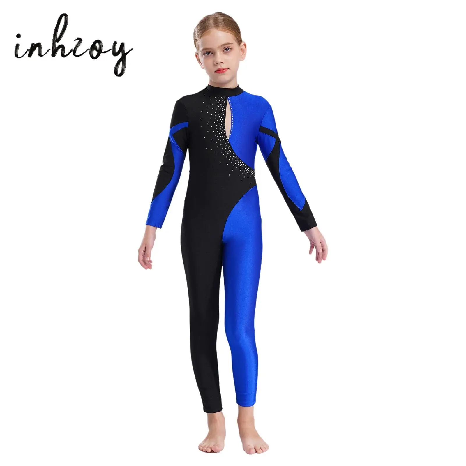

Kids Girls Gymnastics Figure Skating Jumpsuit Long Sleeve Shiny Rhinestones Contrast Color Splice Leotard Ballet Dance Bodysuit