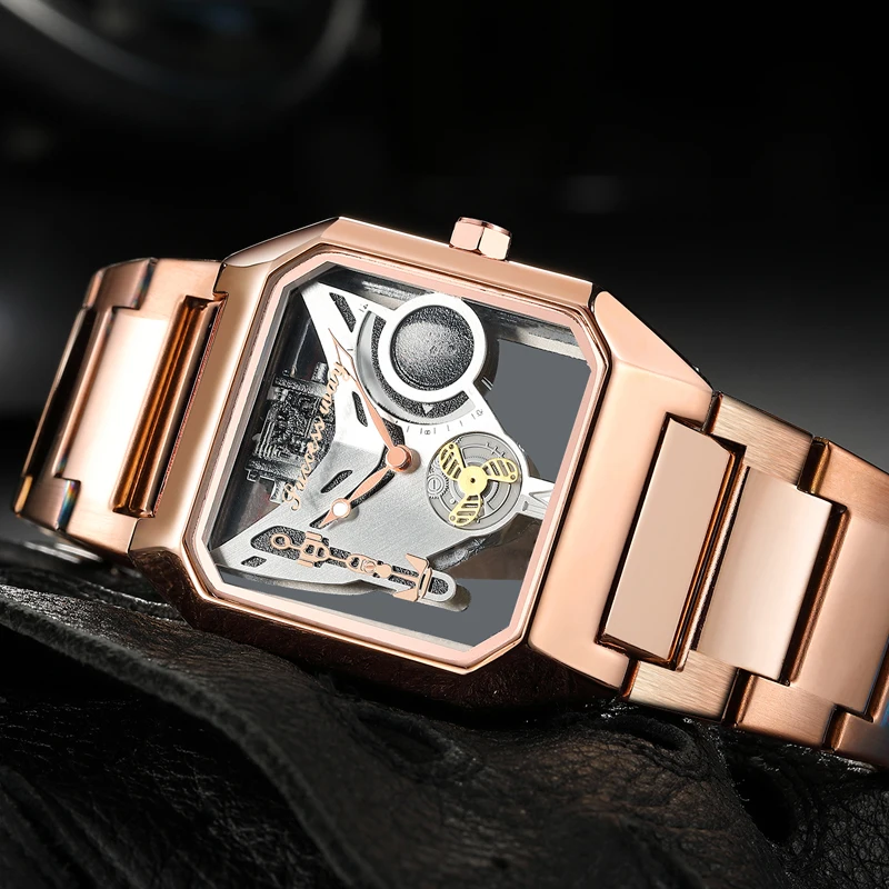 2023 New Watches Square Unique Sport Mens Transparent Dial Watches Quartz Clock Man Watches Wristwatch