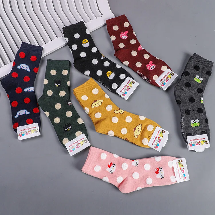 Cute Sanrio Polka Dot Hello Kitty Mymelody Cinnamoroll Pompompurin Keroppi Gudetama Middle Tube Socks Sports Leisure Christmas