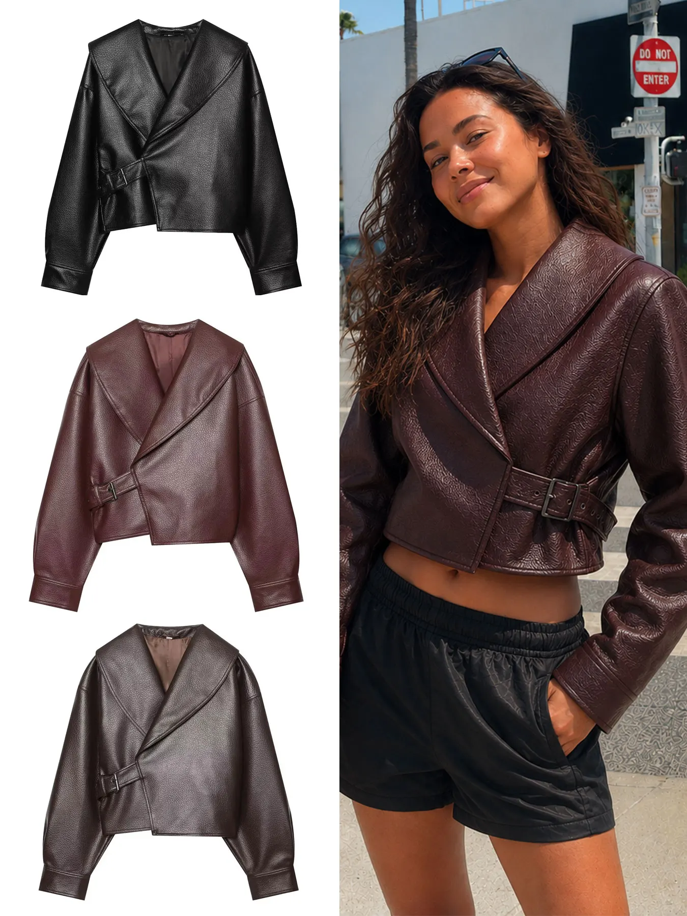 HH Trend Female Faux Leather Outerwear Long Sleeves Elegant Autumn Coat Asymmetric Side Buckle Closure Casual Party Jacket
