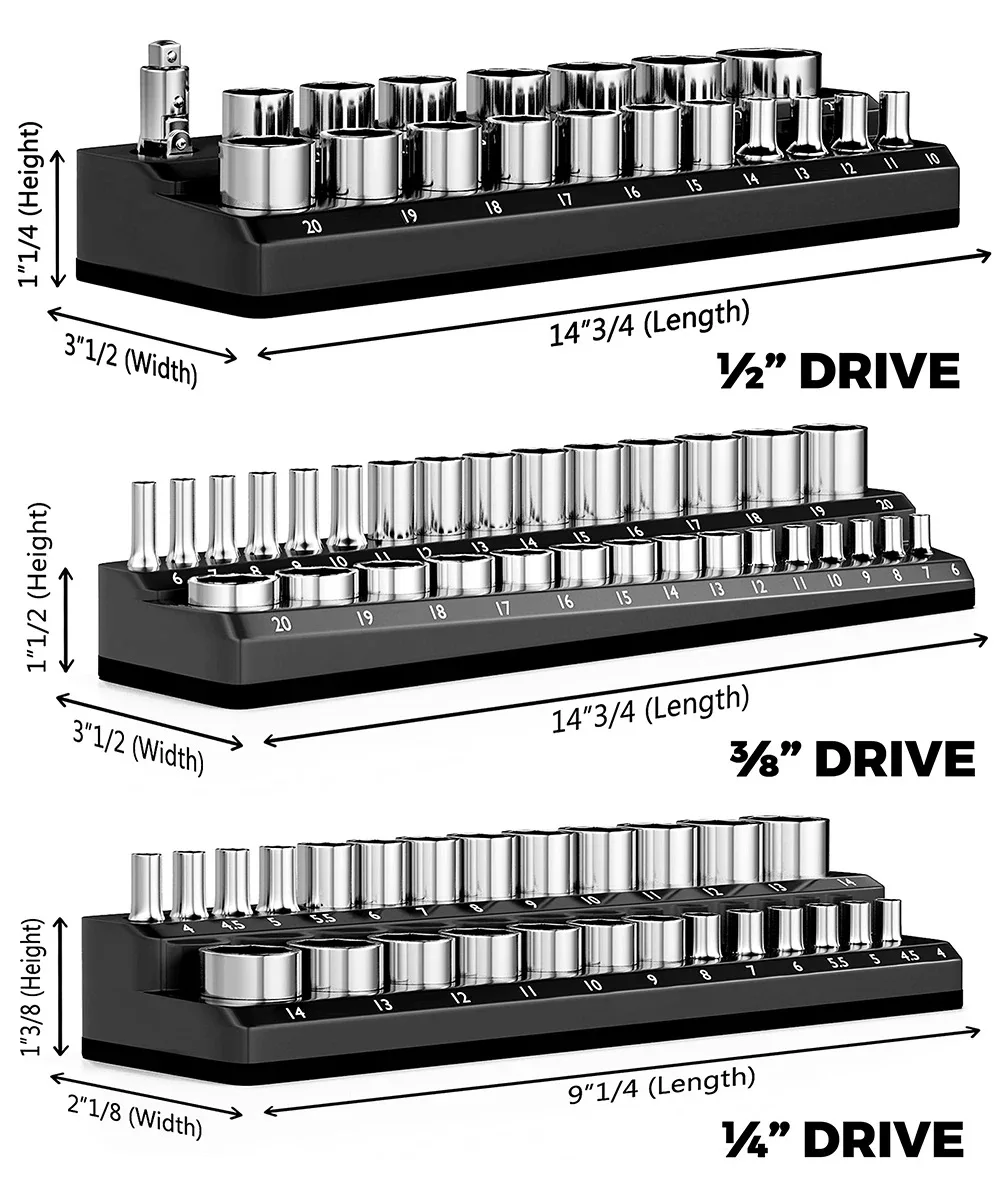 DGEV 3 STKS Professionele Magnetische Socket Houder 1/4 "3/8" 1/2 "inch Drive Metrisch/Socket Organizer Opslag Installatie Tool Kit