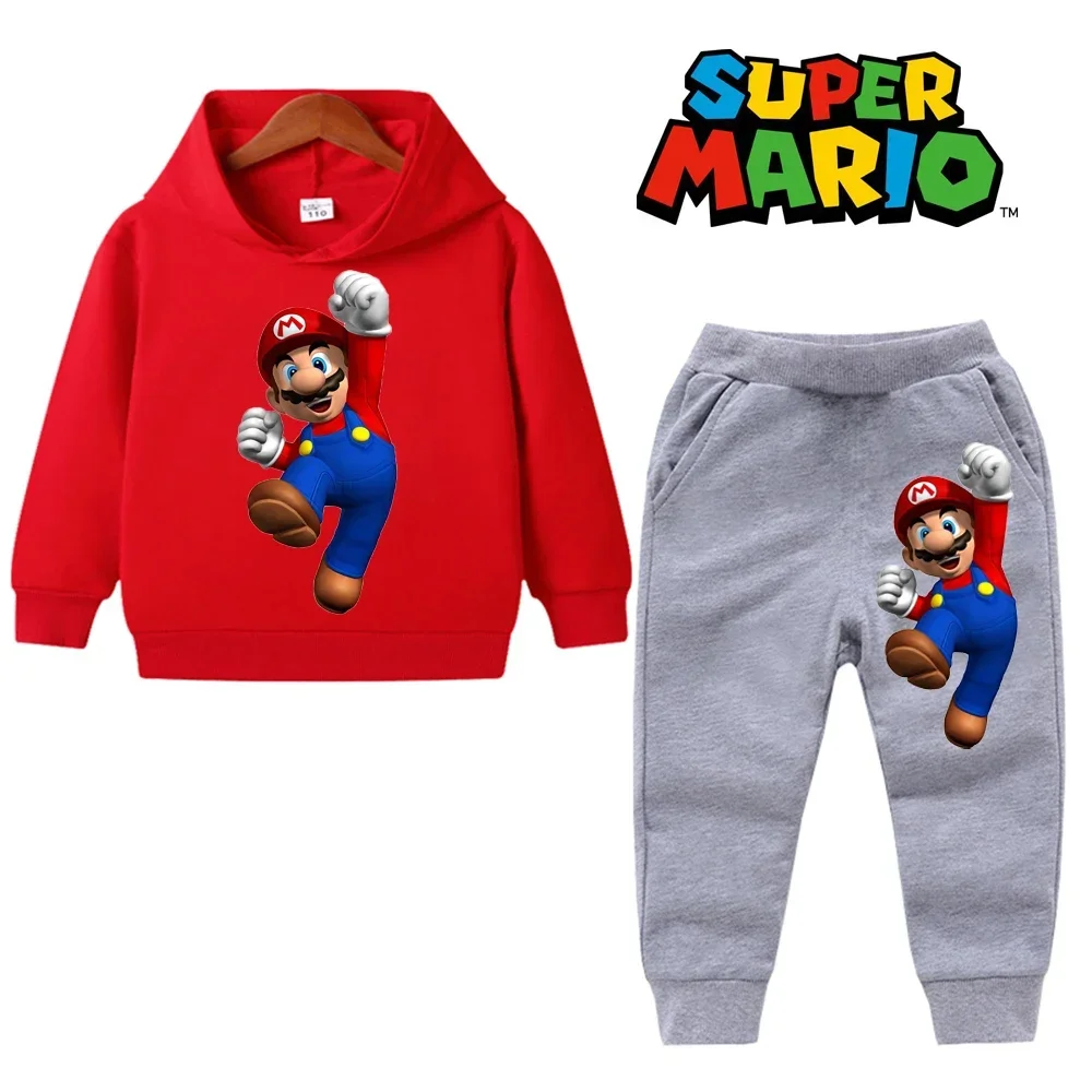 uper Mario Bros Boy Girl Hoodie Suit Spring Autumn Kids Hooded Sportswear Setspants Boys Pokemon Clothes 2-14 Years Children\'s