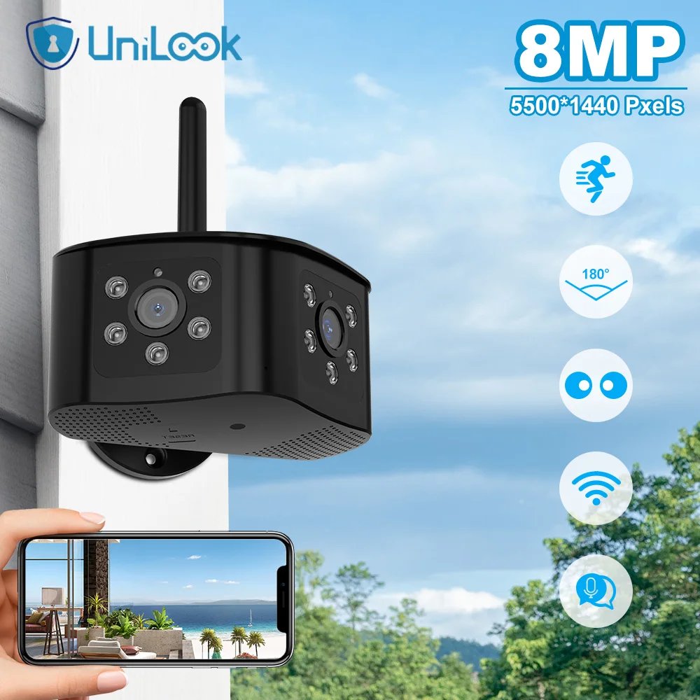 Unilook 4K 8MP outdoorové duaal objektiv bezdrátový kamera WIFI záruka kamera outdoorové 180°wide-angle vidění AI hnutí detekce & alarm