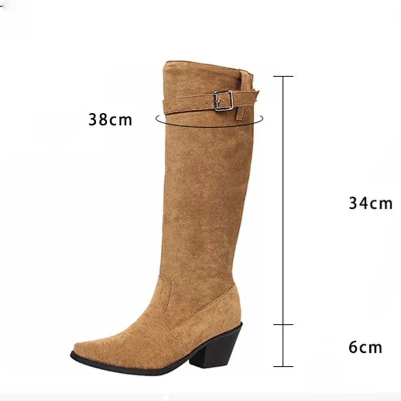 Girseaby Retro Flock Suede Women Knee High Boots Square Toe 6cm Thick Heels Slip On Belt Buckle Plus Size 43 44 45 Leisure Fall