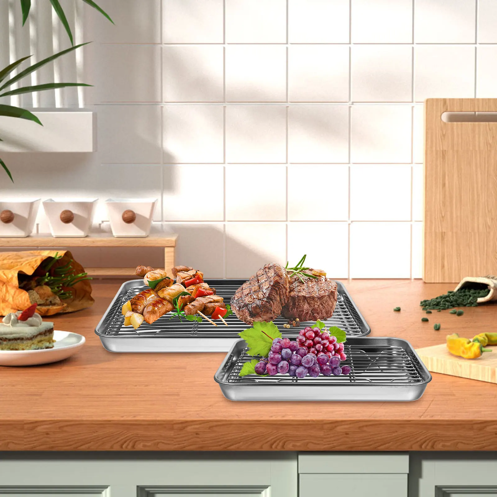 

2Pcs Rust Free Stainless Steel Drain Pans Efficient Drainage Design Kitchen Accessory for Fruit Vegetable Oil Drying Baking Tray