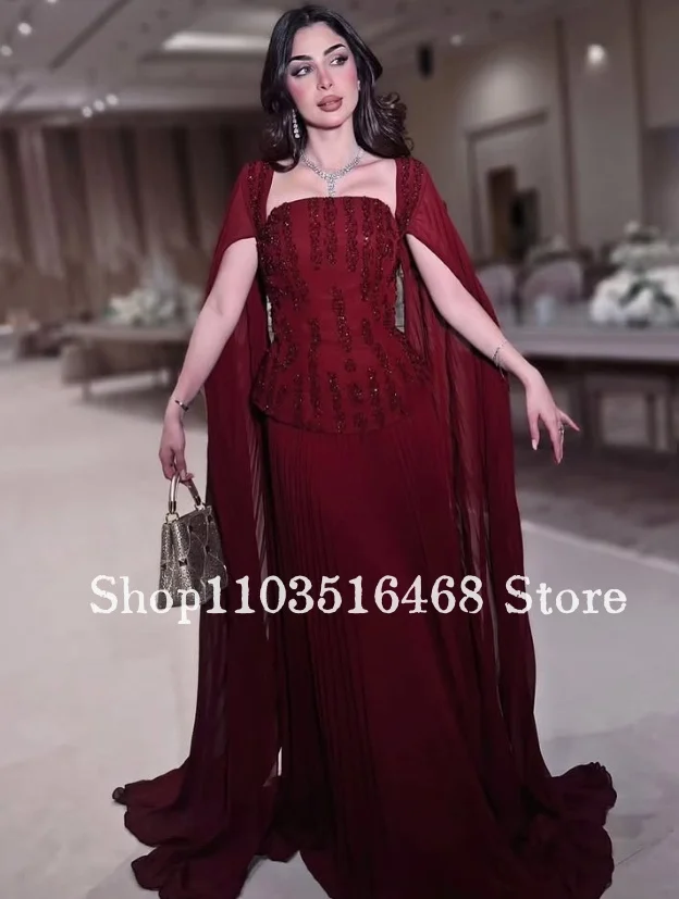 Vestidos de fiesta personalizados, apliques de cristal, corpiño, chal desmontable, elegantes vestidos para ocasiones formales de noche Borgoña