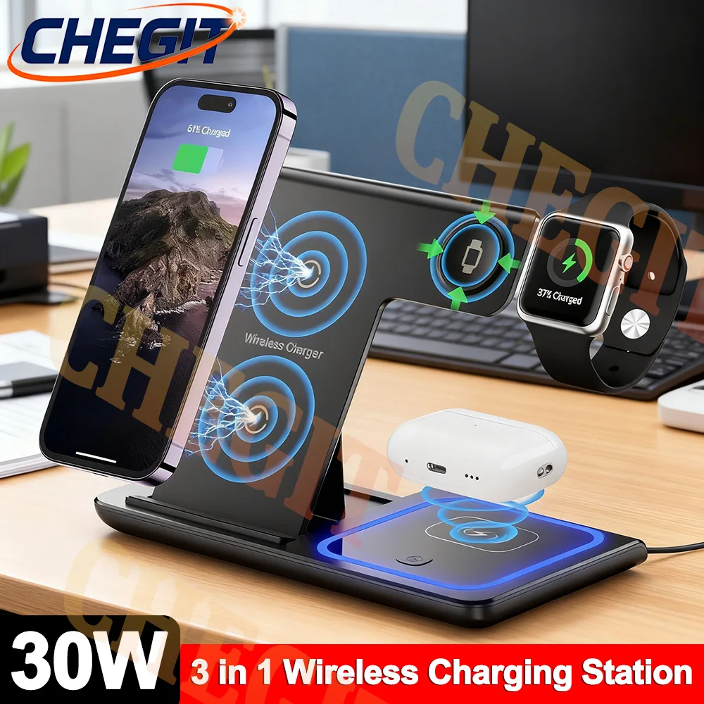 3 in 1 Foldable 30W Night LED Light Wireless Charger Stand For iPhone Samsung Apple Watch 2-8 SE Airpods Fast Charging Station