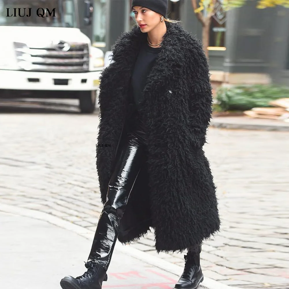 European Fashion Black Long Faux Fur Coat Autumn Winter Women Warm Fluffy Plush Jacket Large Size Female Overcoat Outwear 2023