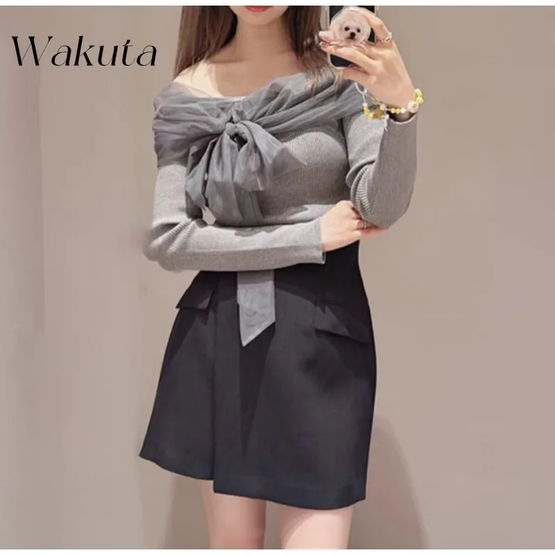 WAKUTA Japanese Lady Style Strapless Tulle Splicing Knit Shirts Fashion Simple Bow Versatile Pullovers Poleras De Invierno Mujer