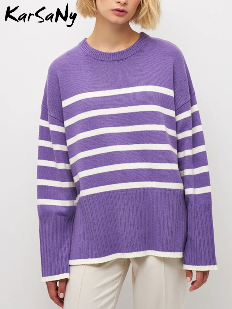 

KarSaNy Oversized Black White Striped Sweaters For Women 2023 Autumn Winter Loose Women's Jumper Purple Women Sweaters Stripes