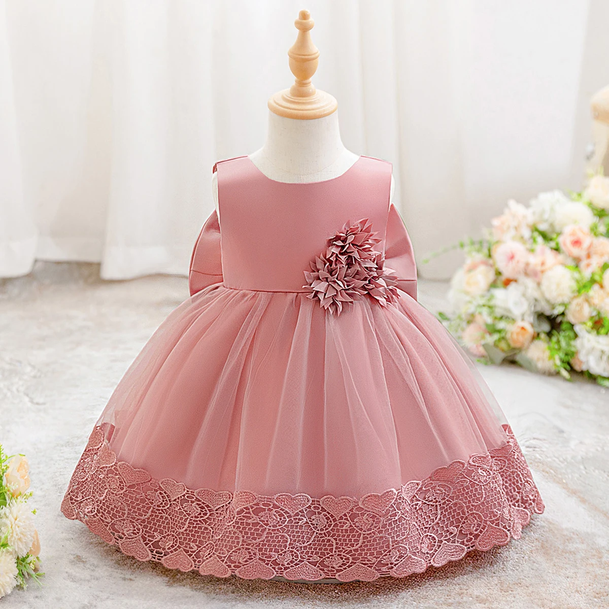 

Розовое праздничное платье принцессы с бантом для маленьких девочек, элегантное платье для первого дня рождения, свадьбы, детское платье с цветочным узором, костюмы для подружки невесты, крещения, выпускного вечера