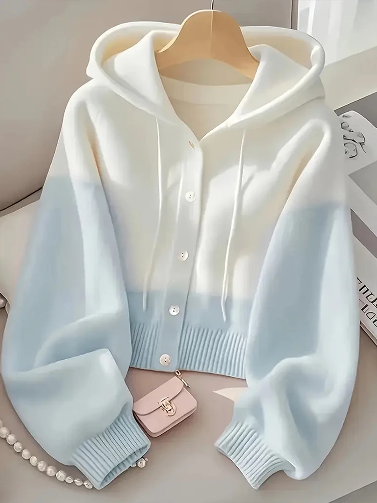 

Korean Sle College Preppy Thiened Fce Lined Open Cardigan Sweater Women's Knitted Hoodie with Belt Design Autumn Wear